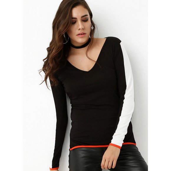 Bambina Mia - Color Block Contrast Hem V-Neck Top - Picture 1 of 4